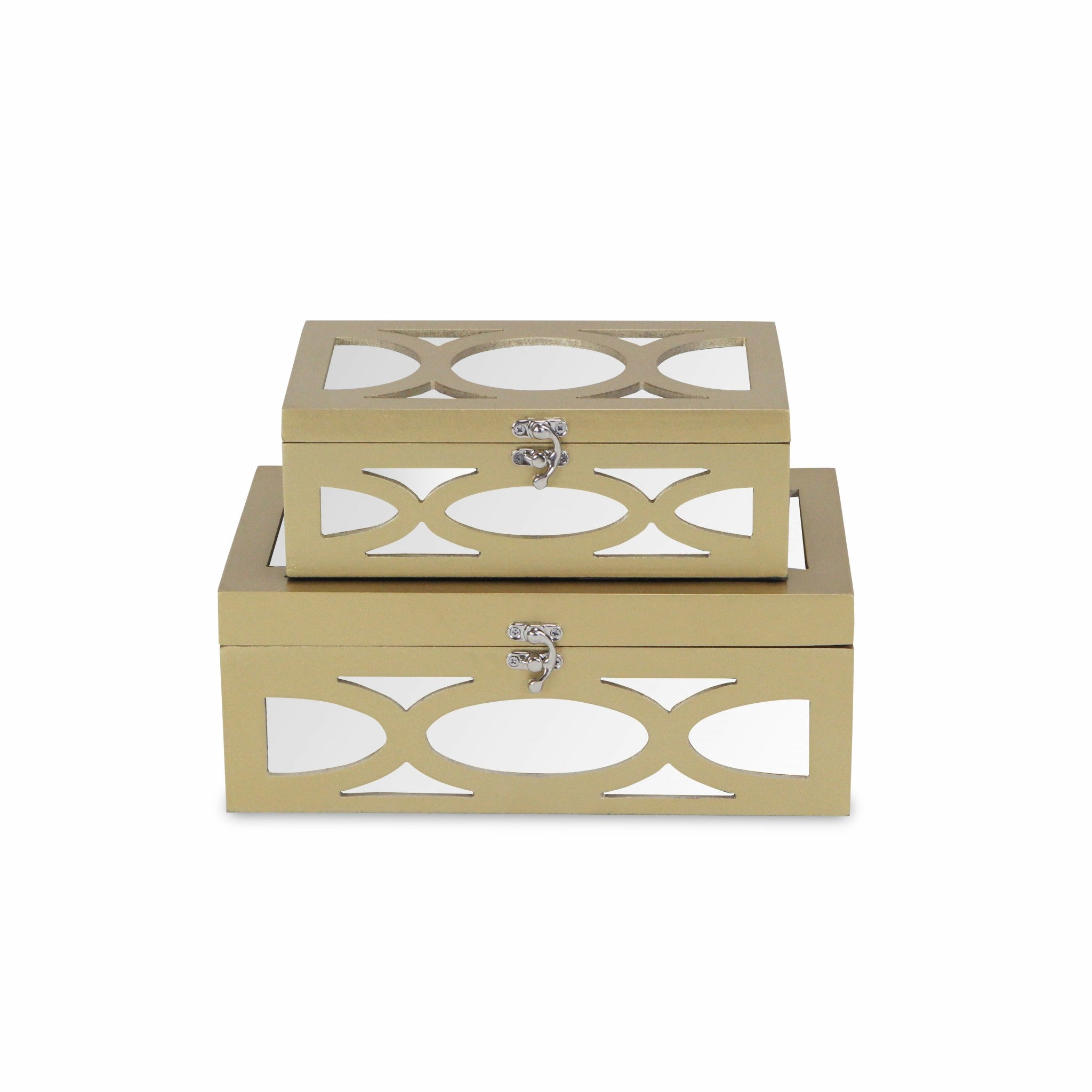 Set of Two Gold Oval Scroll Mirror Jewelry Storage Boxes-Organizers-DECOROLALA
