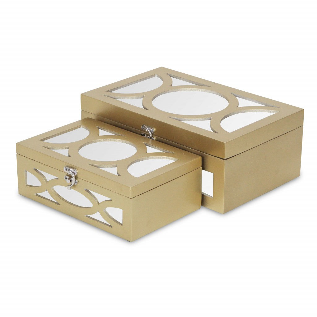 Set of Two Gold Oval Scroll Mirror Jewelry Storage Boxes-Organizers-DECOROLALA
