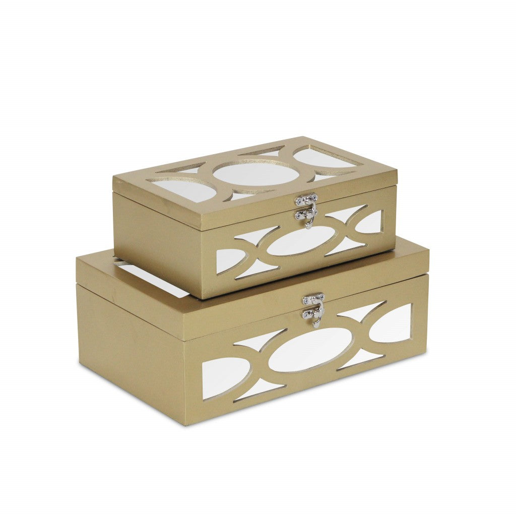 Set of Two Gold Oval Scroll Mirror Jewelry Storage Boxes-Organizers-DECOROLALA