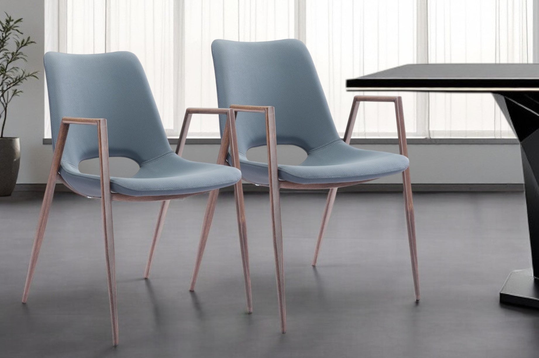 Set of Two Gray And Brown Upholstered Faux Leather Open Back Dining Arm Chairs-Dining Chairs-DECOROLALA