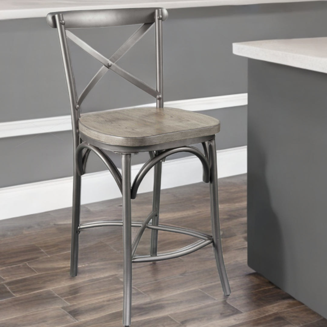 Set of Two Gray Metal Counter Height Bar Chairs-Bar Chairs-DECOROLALA
