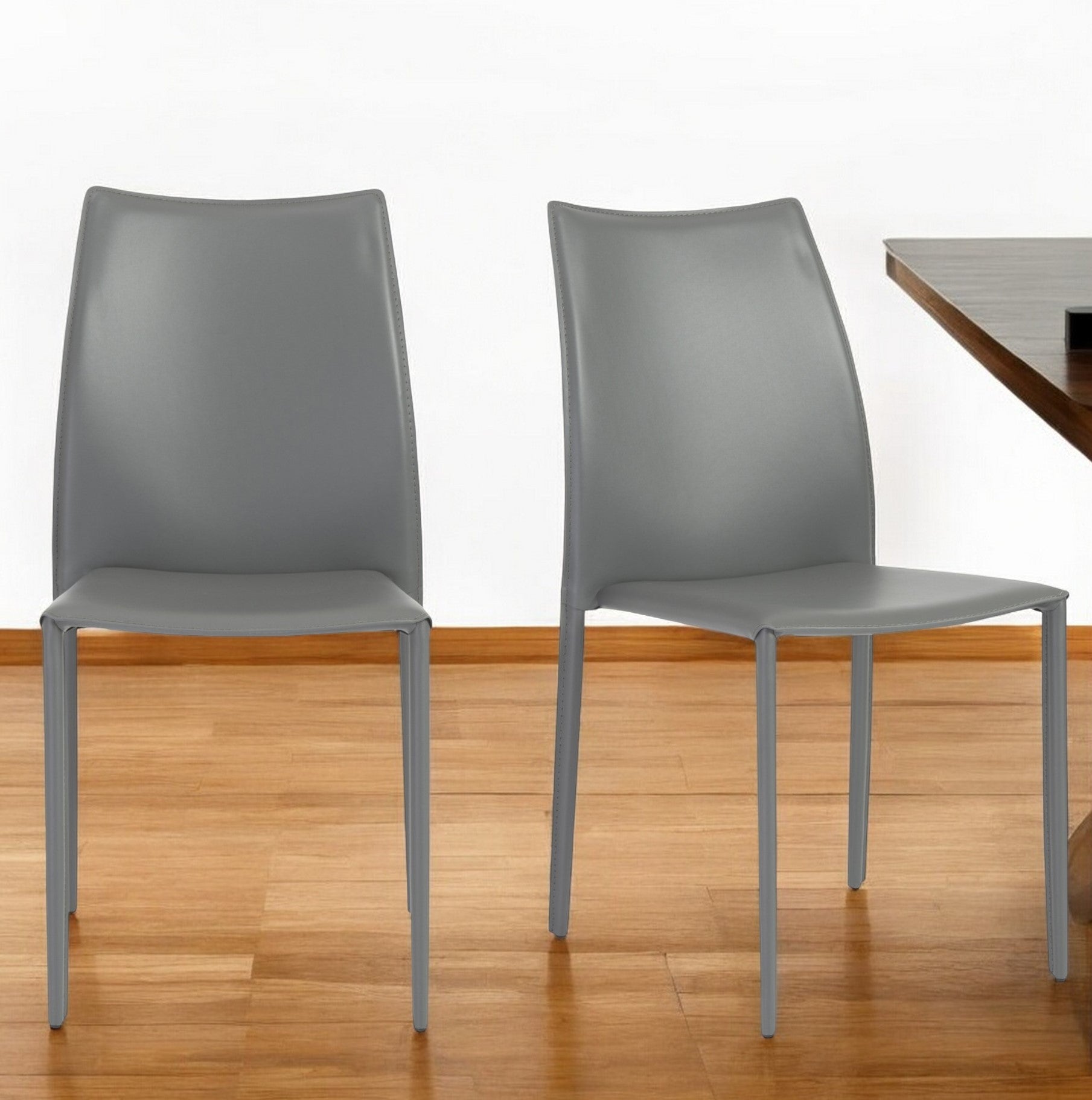 Set of Two Gray Upholstered Leather Dining Side Chairs-Dining Chairs-DECOROLALA