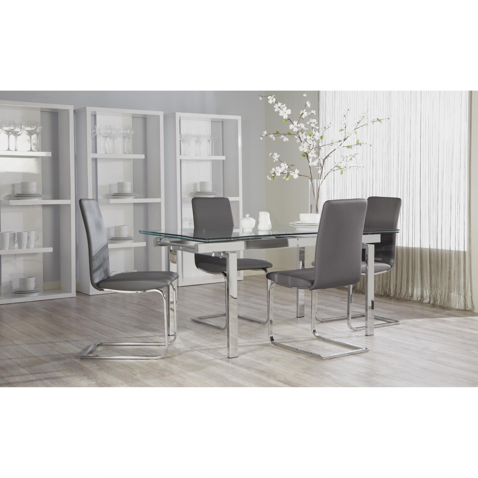 Set of Two Gray and Silver Upholstered Leather Dining Side Chairs-Dining Chairs-DECOROLALA