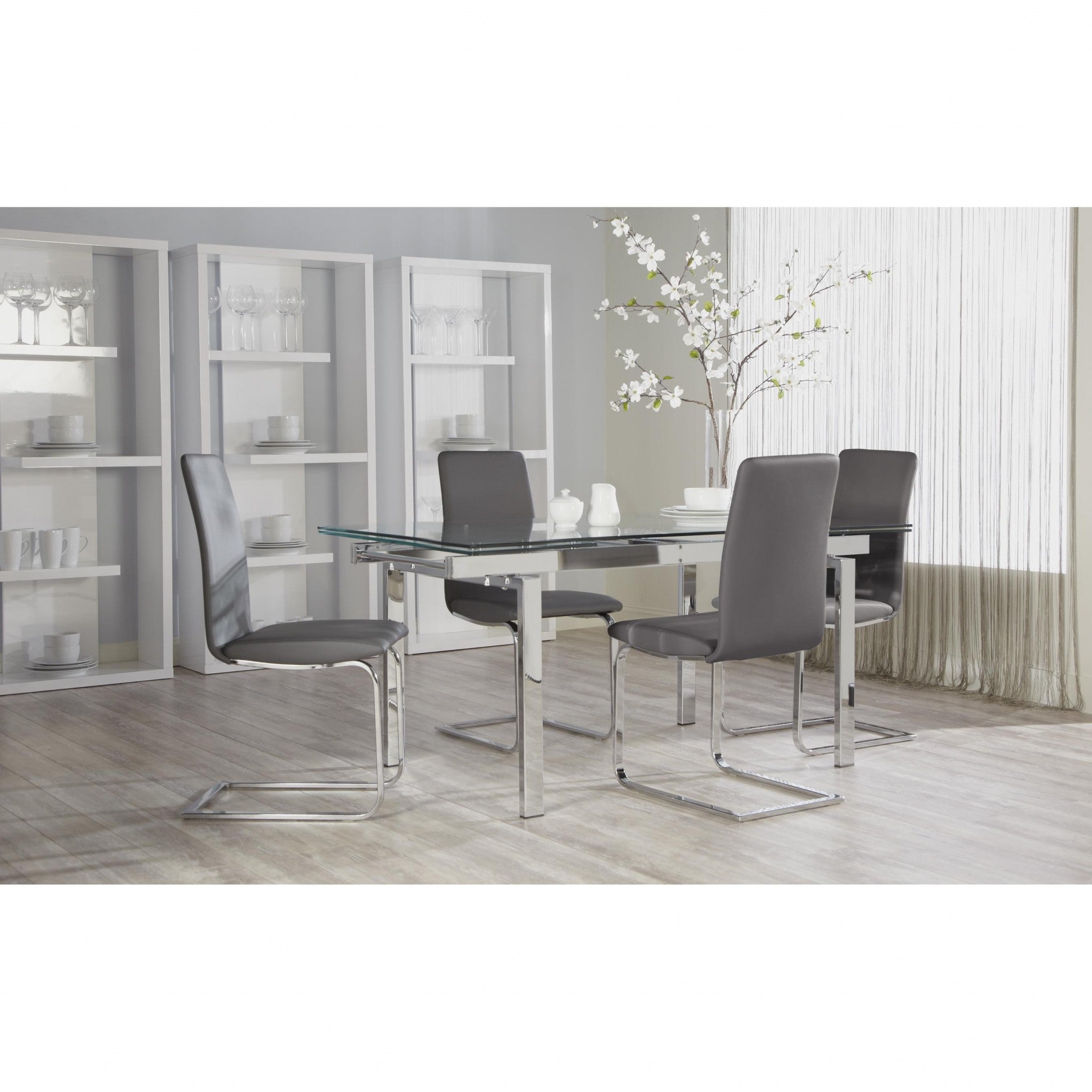 Set of Two Gray and Silver Upholstered Leather Dining Side Chairs-Dining Chairs-DECOROLALA