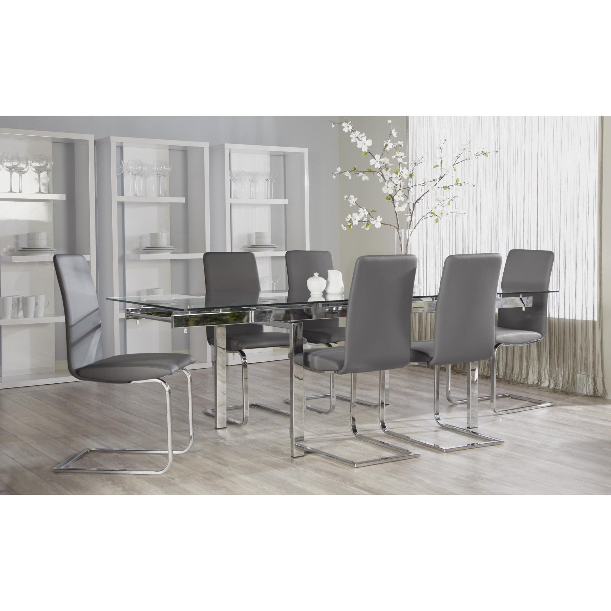 Set of Two Gray and Silver Upholstered Leather Dining Side Chairs-Dining Chairs-DECOROLALA