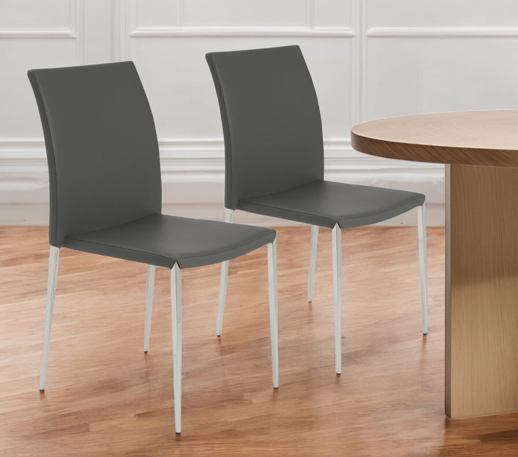 Set of Two Gray and Silver Upholstered Leather Dining Side Chairs-Dining Chairs-DECOROLALA