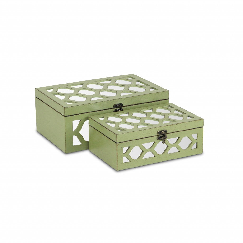 Set of Two Green Mirrored Glass And Solid Wood Box With Lid-Organizers-DECOROLALA