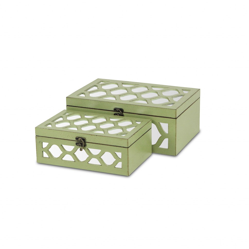 Set of Two Green Mirrored Glass And Solid Wood Box With Lid-Organizers-DECOROLALA