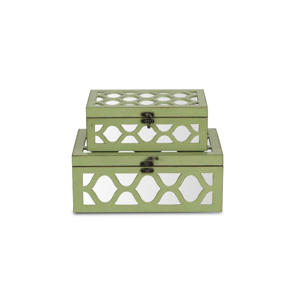 Set of Two Green Mirrored Glass And Solid Wood Box With Lid-Organizers-DECOROLALA