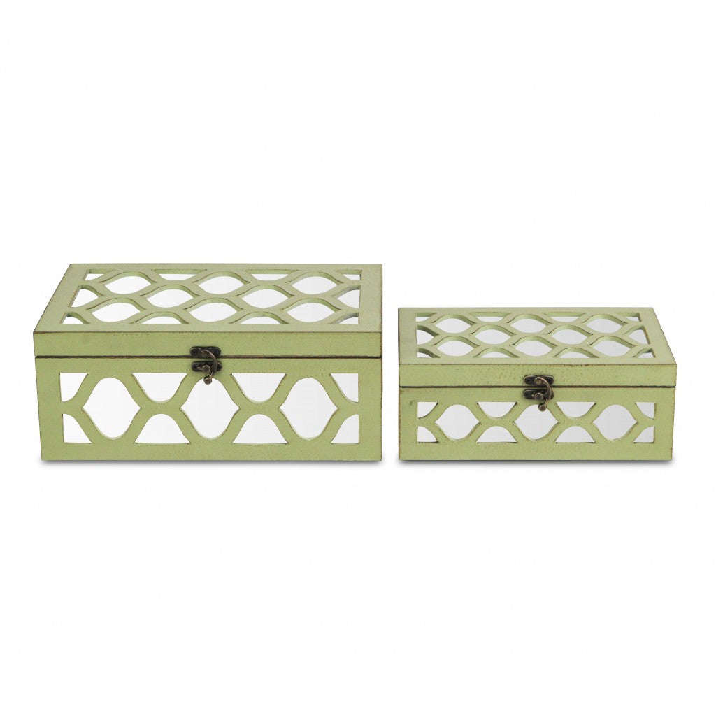 Set of Two Green Mirrored Glass And Solid Wood Box With Lid-Organizers-DECOROLALA