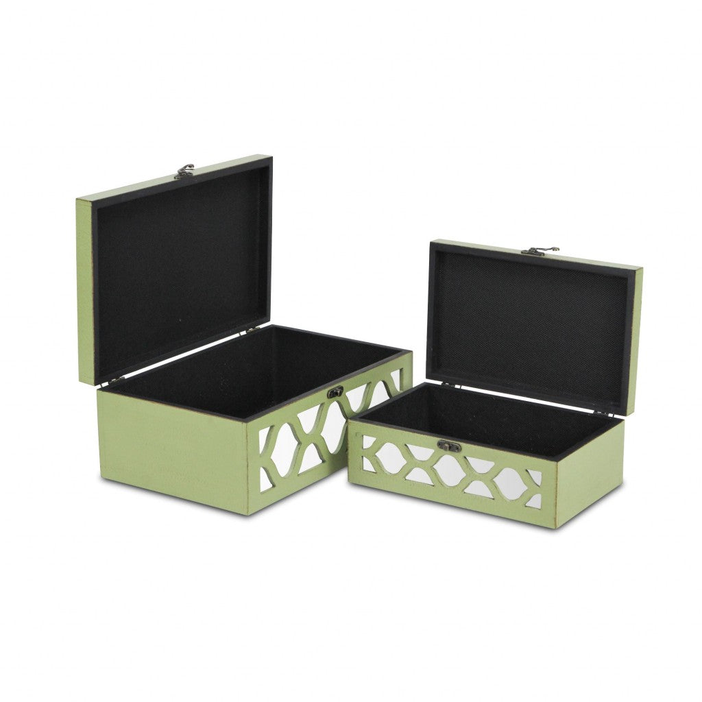 Set of Two Green Mirrored Glass And Solid Wood Box With Lid-Organizers-DECOROLALA