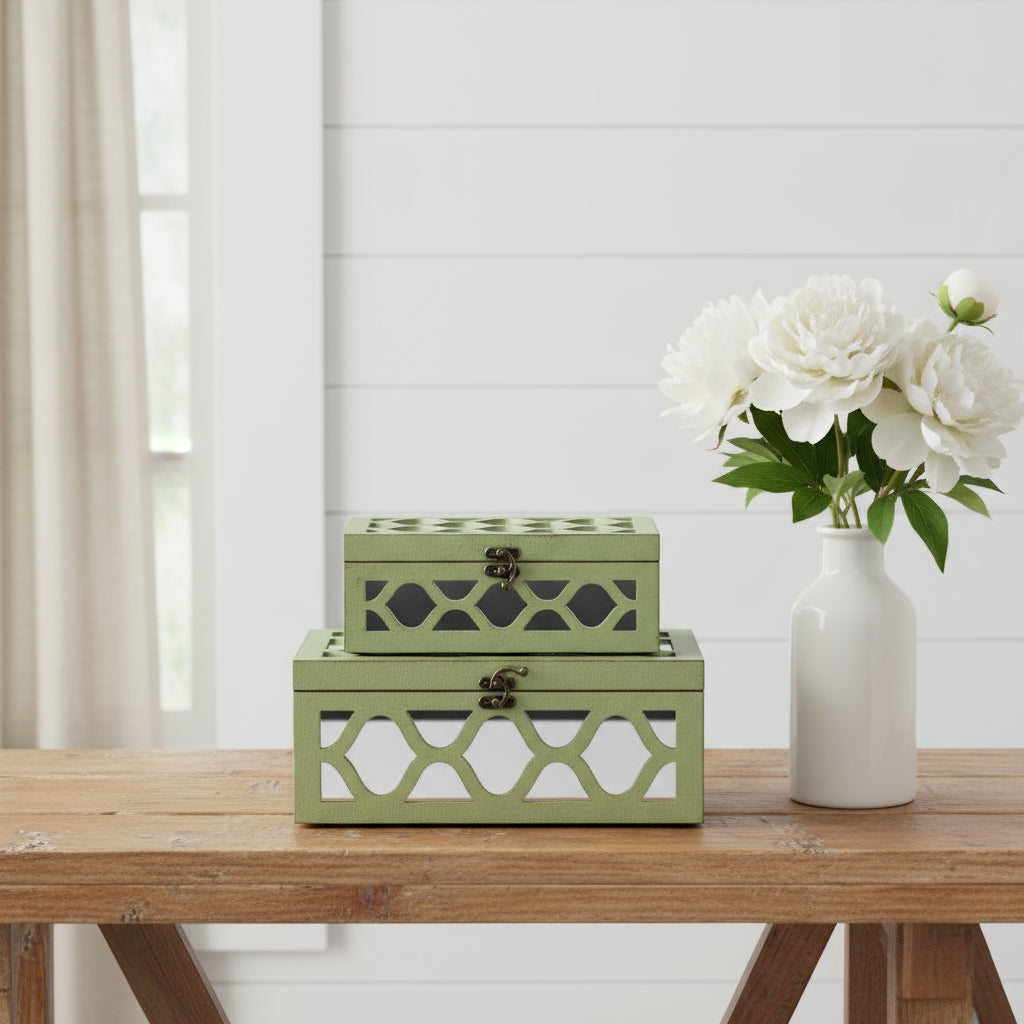 Set of Two Green Mirrored Glass And Solid Wood Box With Lid-Organizers-DECOROLALA