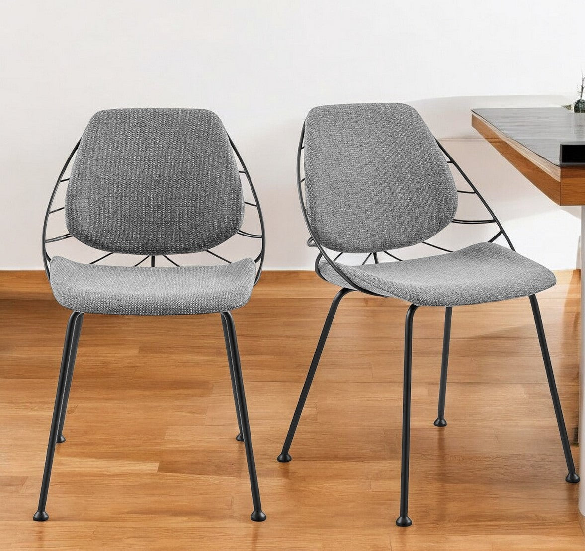 Set of Two Light Gray And Black Upholstered Fabric Dining Side Chairs-Dining Chairs-DECOROLALA