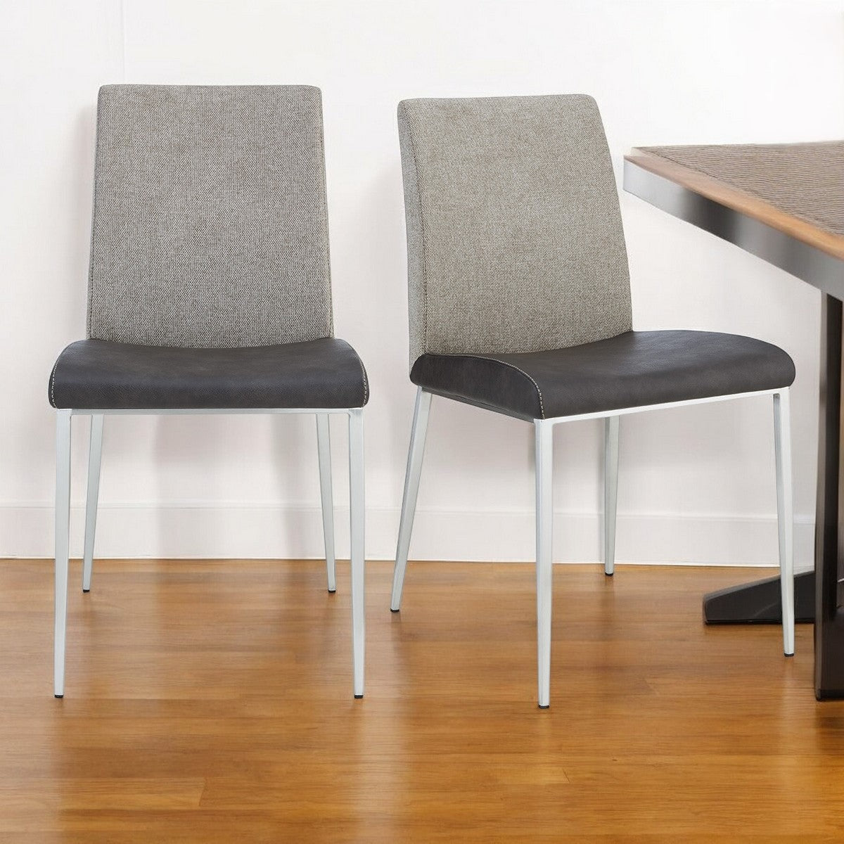 Set of Two Light Gray And Silver Upholstered Fabric Dining Side Chairs-Dining Chairs-DECOROLALA