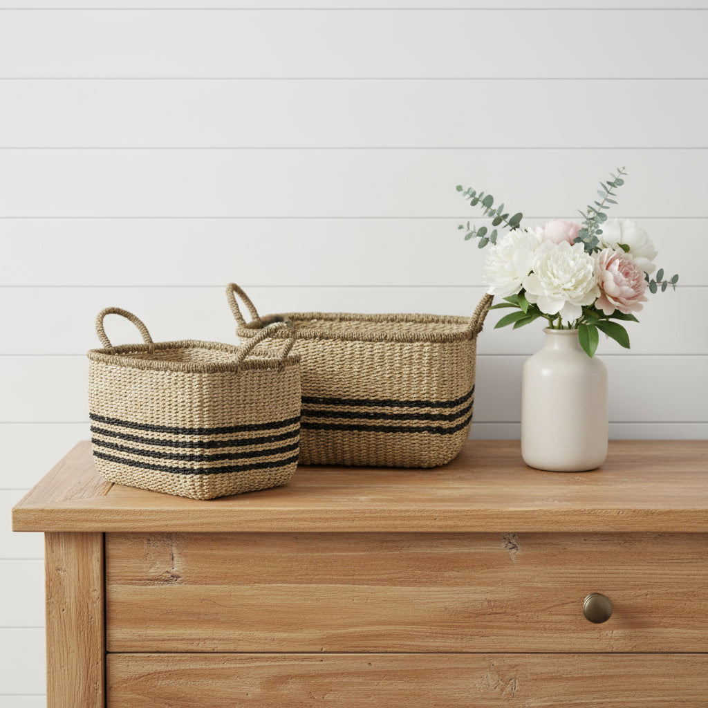 Set of Two Natural And Black Rattan Basket-Organizers-DECOROLALA