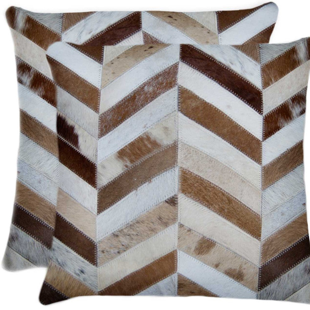 Set of Two Natural and Brown Chevron Cowhide Throw Pillows-Accent Throw Pillows-DECOROLALA