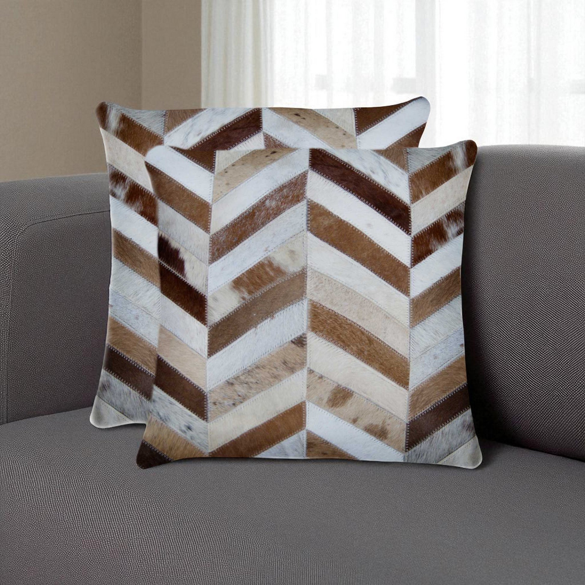 Set of Two Natural and Brown Chevron Cowhide Throw Pillows-Accent Throw Pillows-DECOROLALA