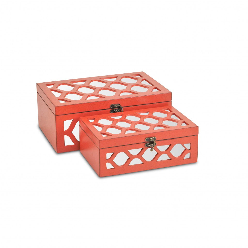 Set of Two Orange Mirrored Glass And Solid Wood Box With Lid-Organizers-DECOROLALA
