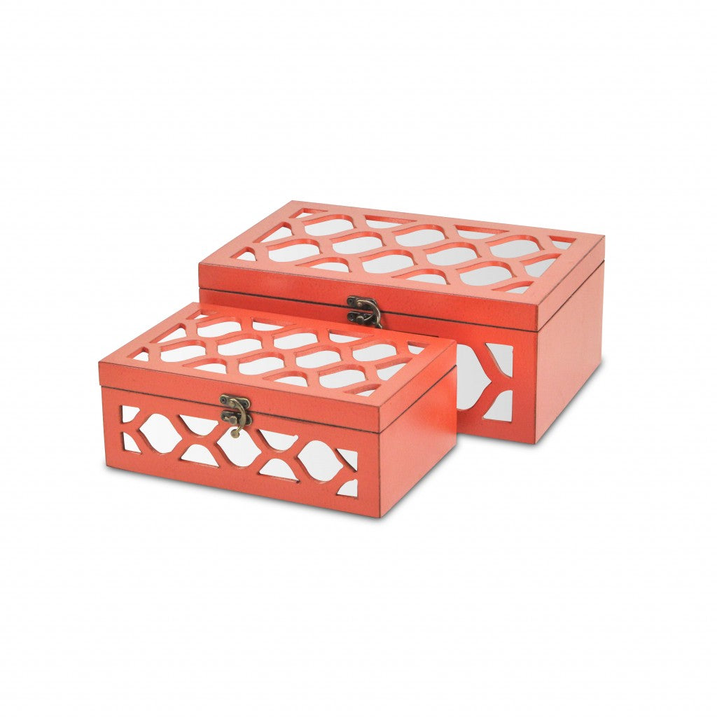 Set of Two Orange Mirrored Glass And Solid Wood Box With Lid-Organizers-DECOROLALA