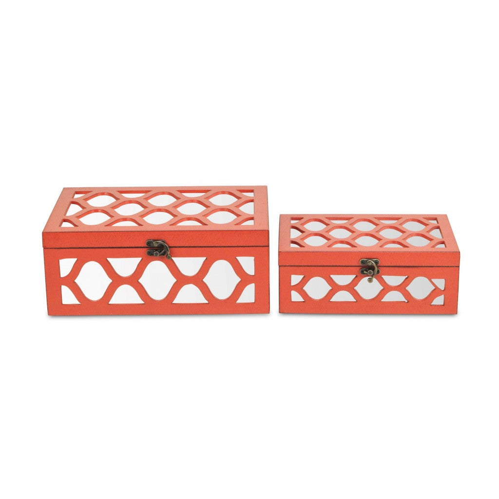Set of Two Orange Mirrored Glass And Solid Wood Box With Lid-Organizers-DECOROLALA