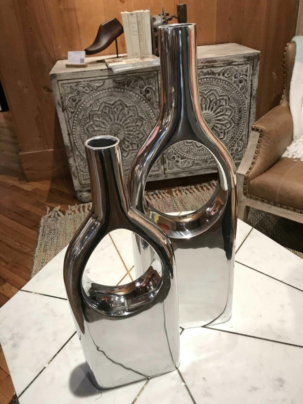 Set of Two Silver Aluminum Modern Hole Table Vases-Vases-DECOROLALA
