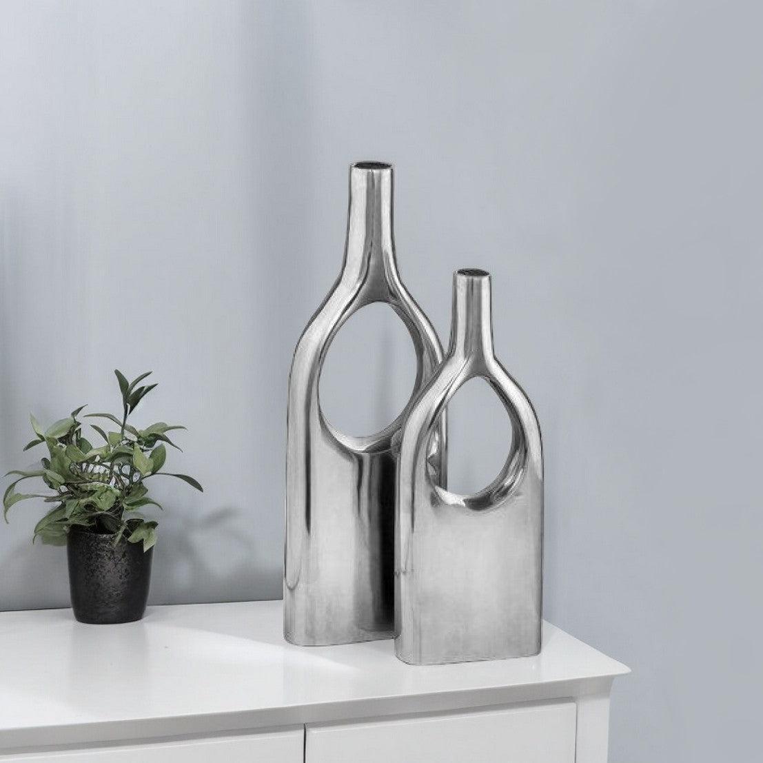 Set of Two Silver Aluminum Modern Hole Table Vases-Vases-DECOROLALA