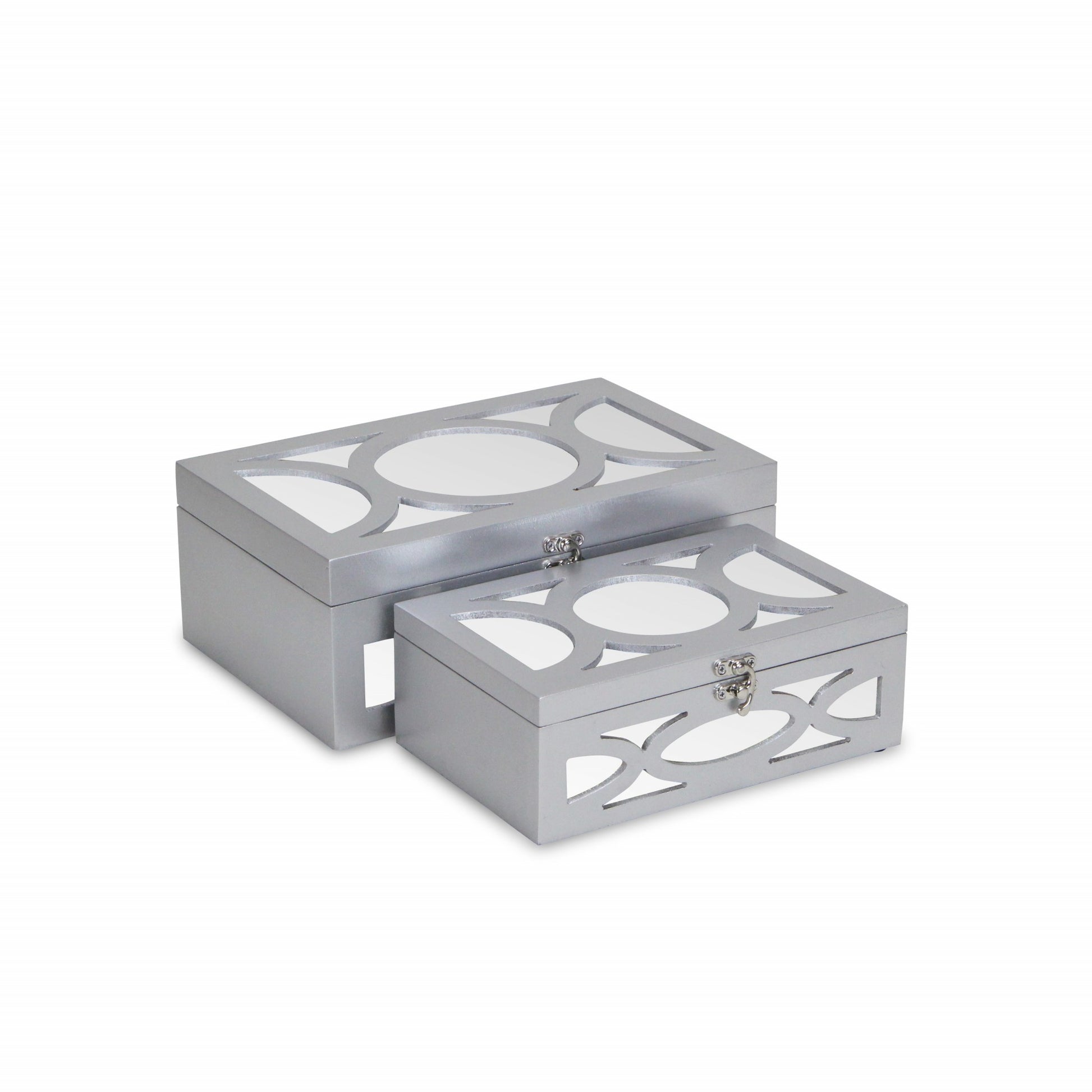 Set of Two Silver Mirrored Glass And Wood Box With Lid-Organizers-DECOROLALA
