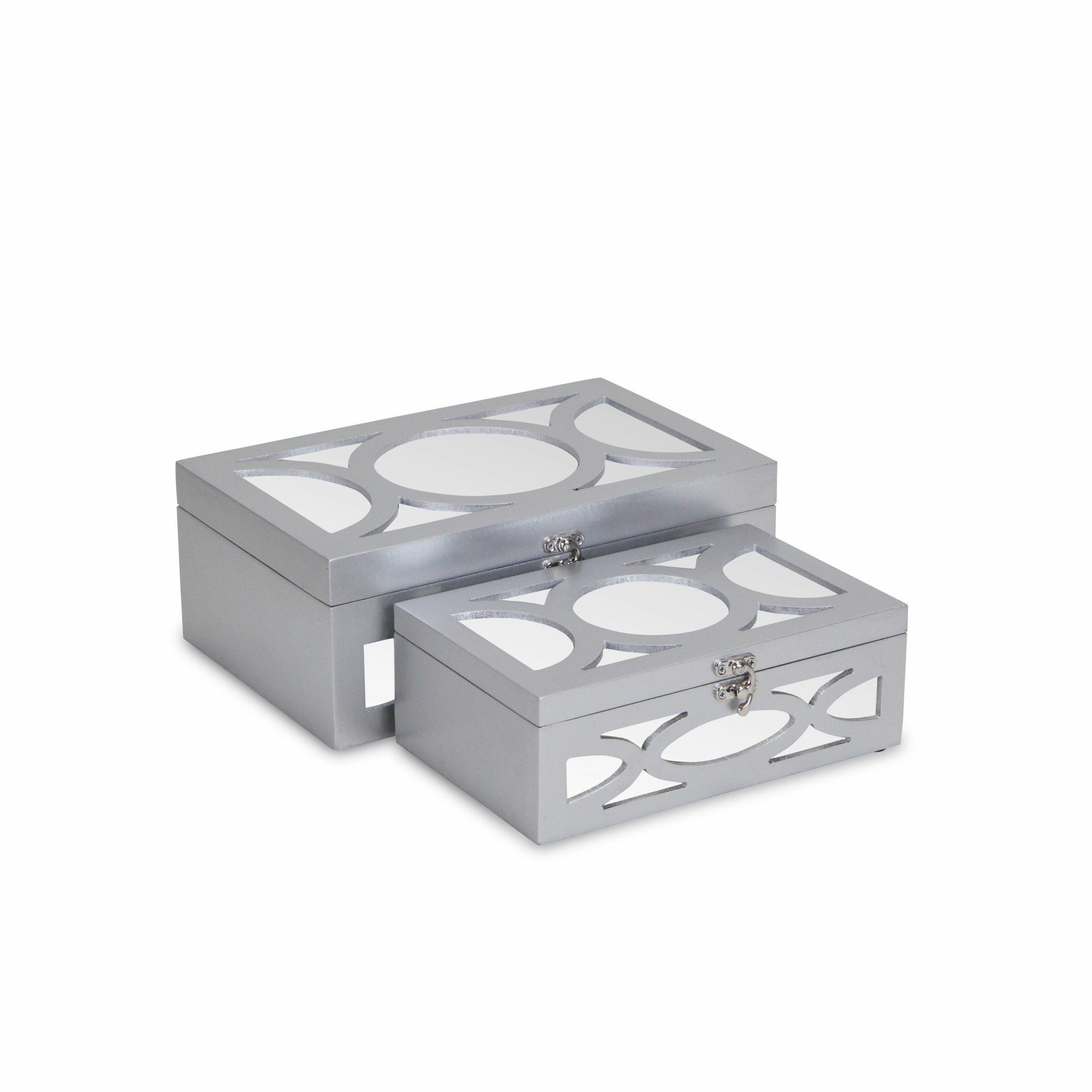 Set of Two Silver Mirrored Glass And Wood Box With Lid-Organizers-DECOROLALA