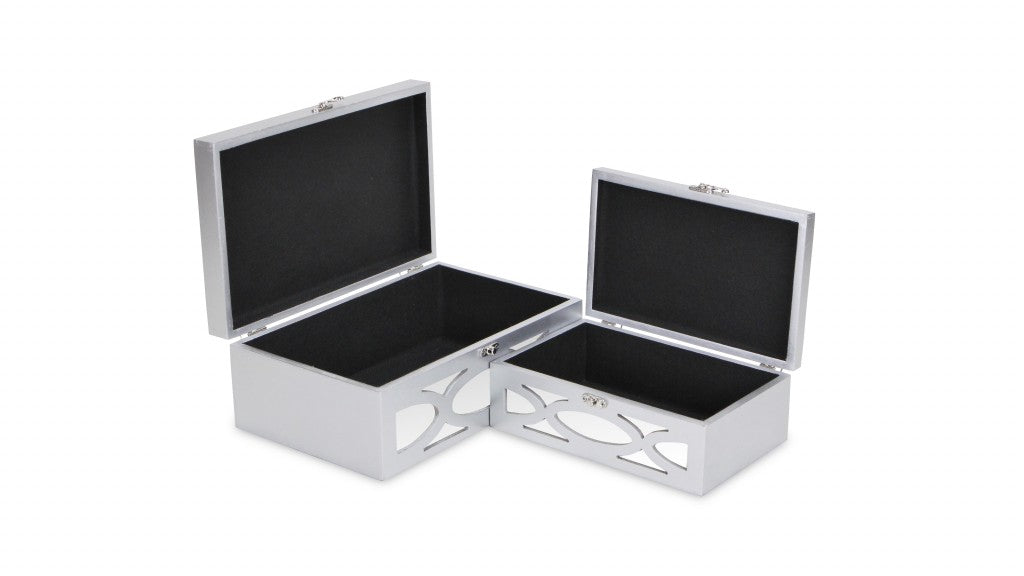 Set of Two Silver Mirrored Glass And Wood Box With Lid-Organizers-DECOROLALA