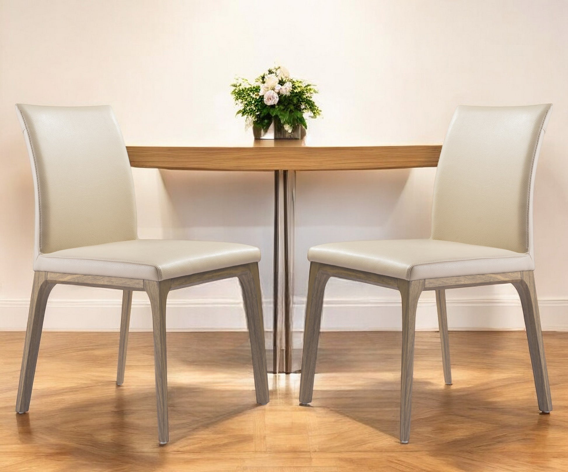 Set of Two Taupe and Brown Upholstered Faux Leather Dining Side Chairs-Dining Chairs-DECOROLALA