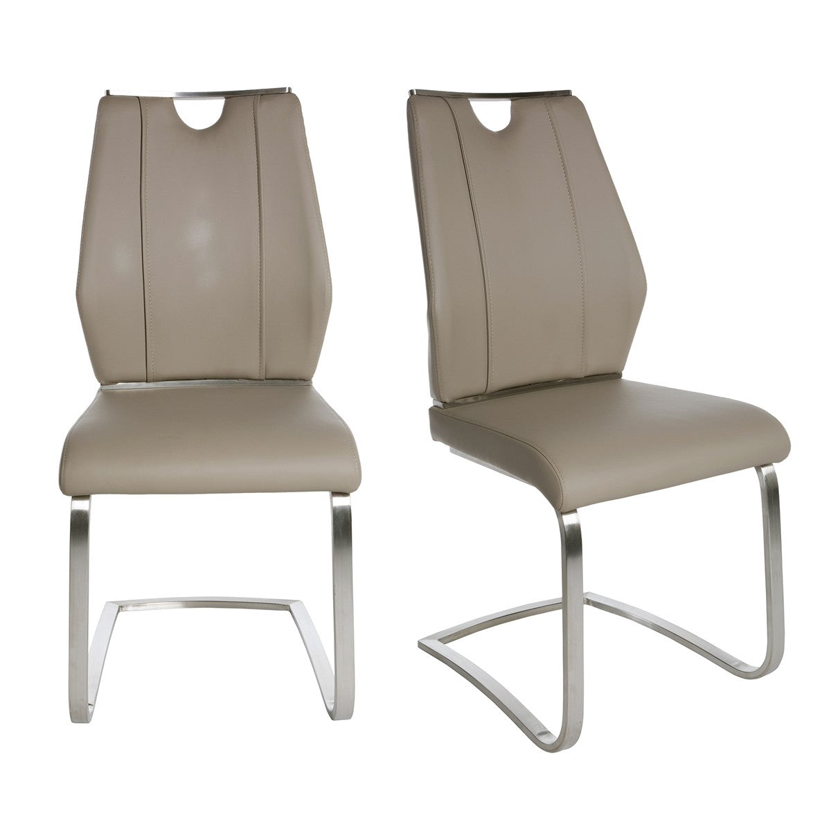 Set of Two Taupe and Silver Upholstered Leather Dining Side Chairs-Dining Chairs-DECOROLALA