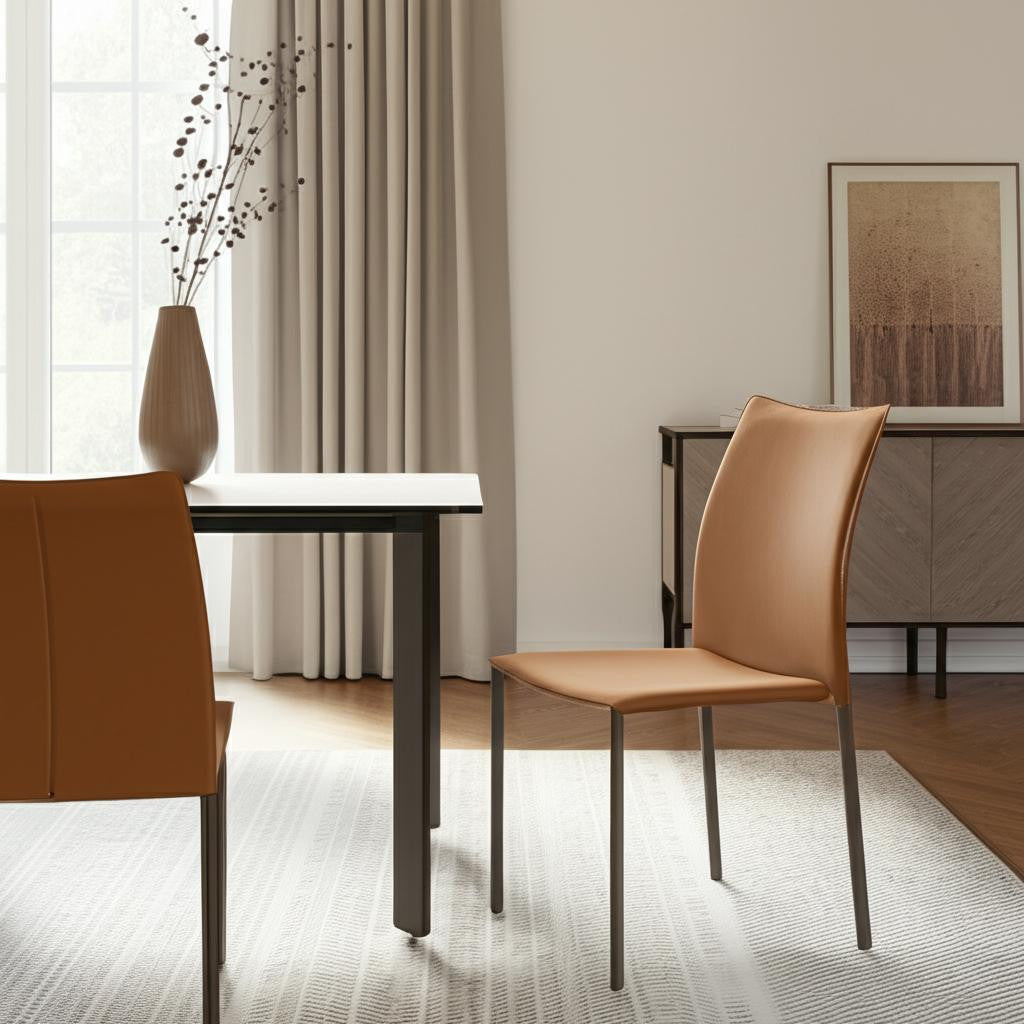 Set of Two Terra Cotta Upholstered Leather Dining Side Chairs-Dining Chairs-DECOROLALA