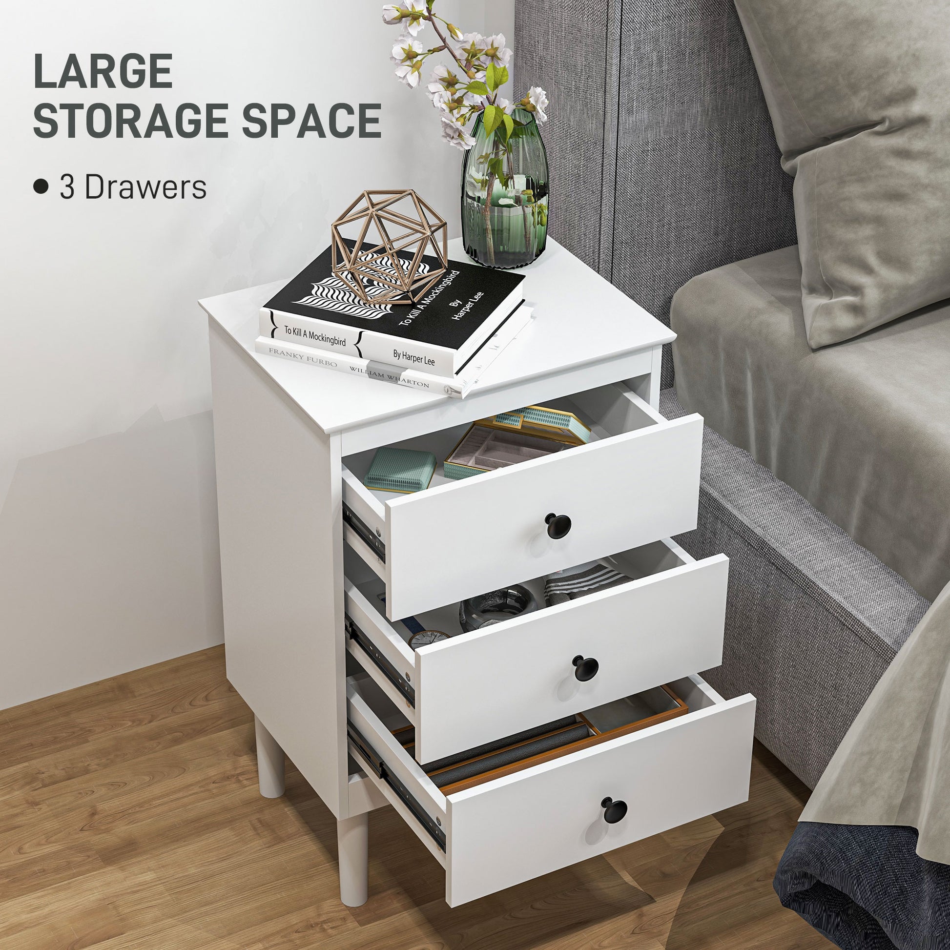 Set of Two Three-Drawer Modern Bedside Tables for Bedroom, White-Home Furnishings > Bedroom Furniture > Bedside Tables-DECOROLALA