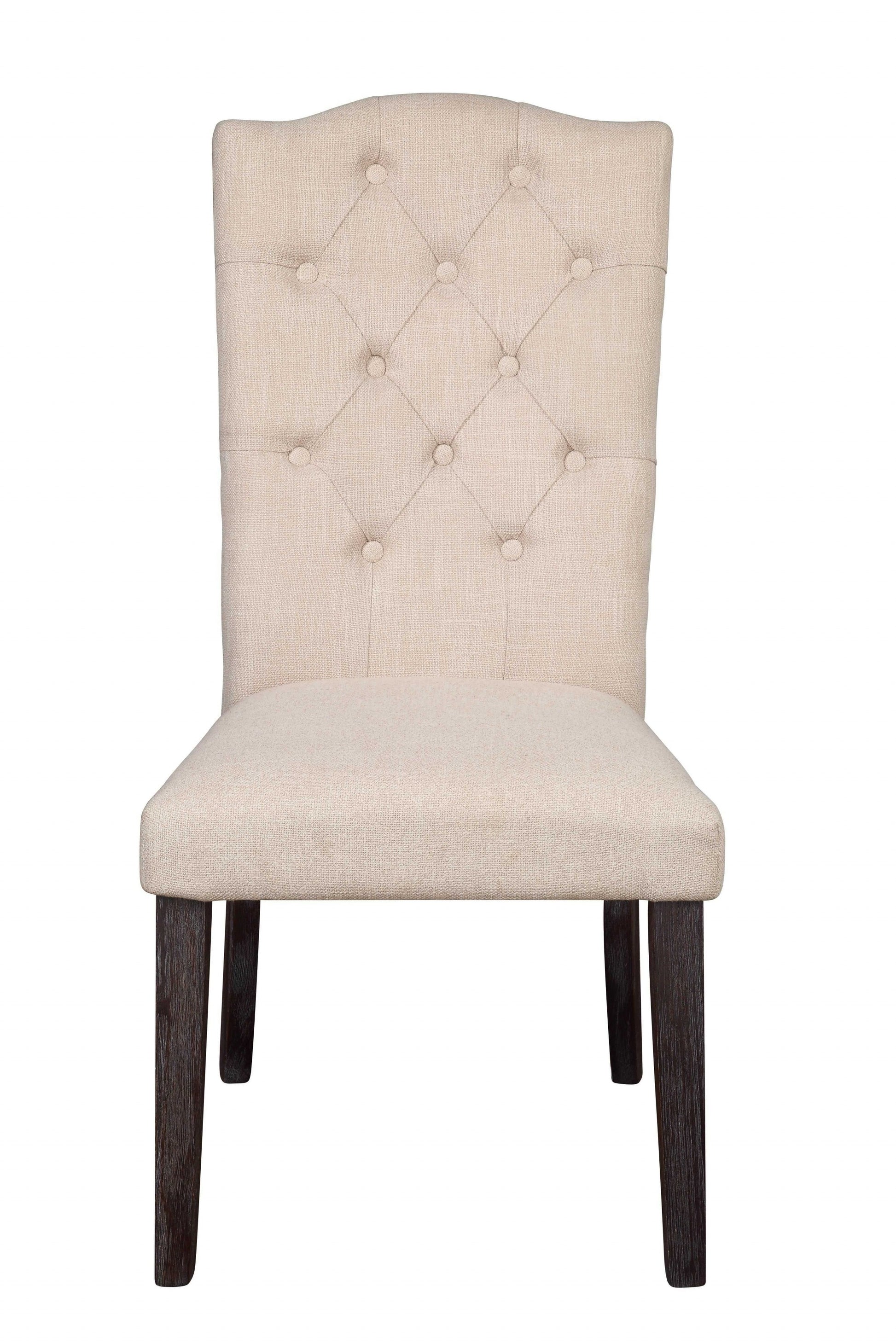 Set of Two Tufted Beige and Espresso Upholstered Linen Dining Side Chairs-Dining Chairs-DECOROLALA