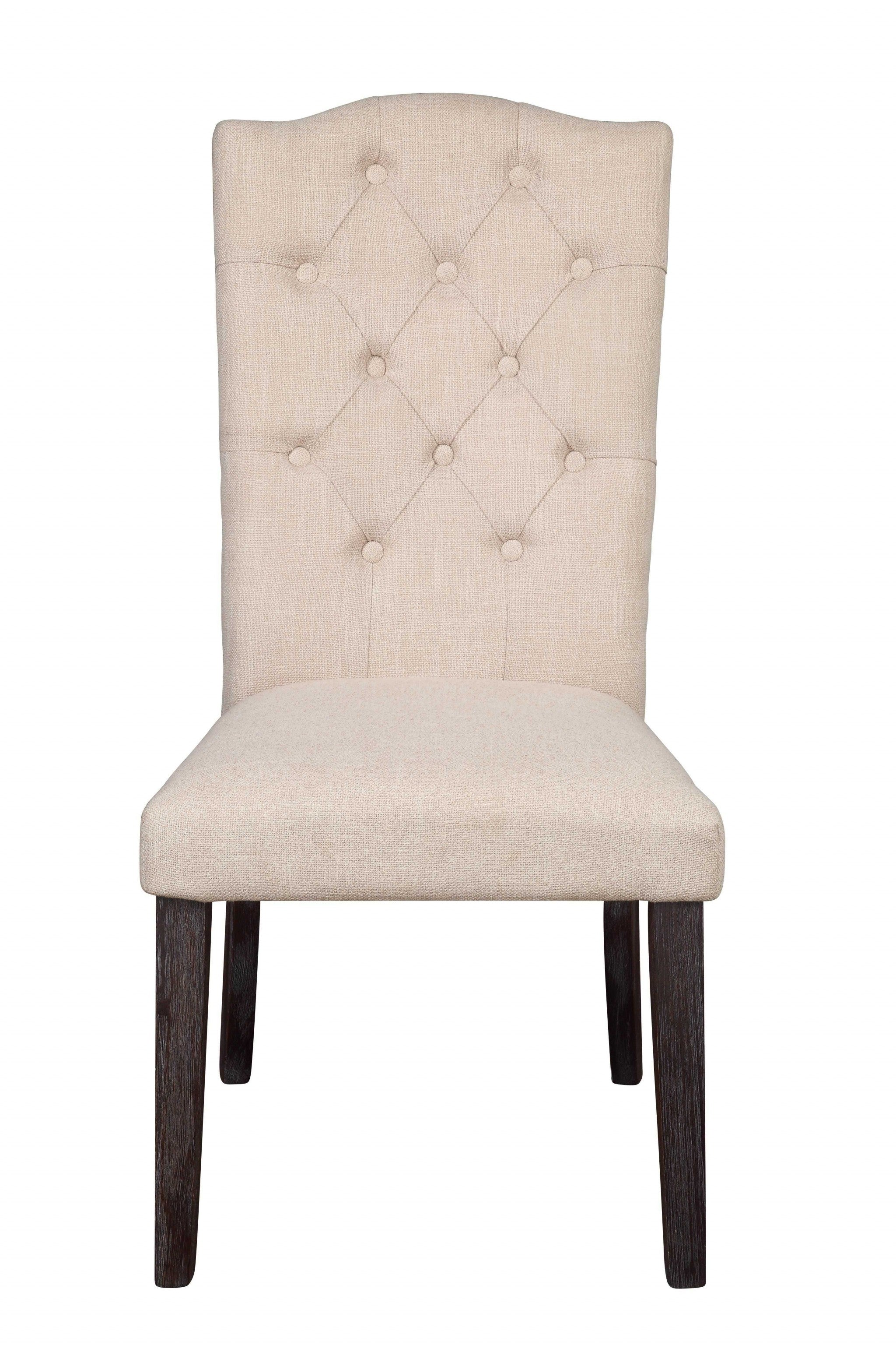 Set of Two Tufted Beige and Espresso Upholstered Linen Dining Side Chairs-Dining Chairs-DECOROLALA