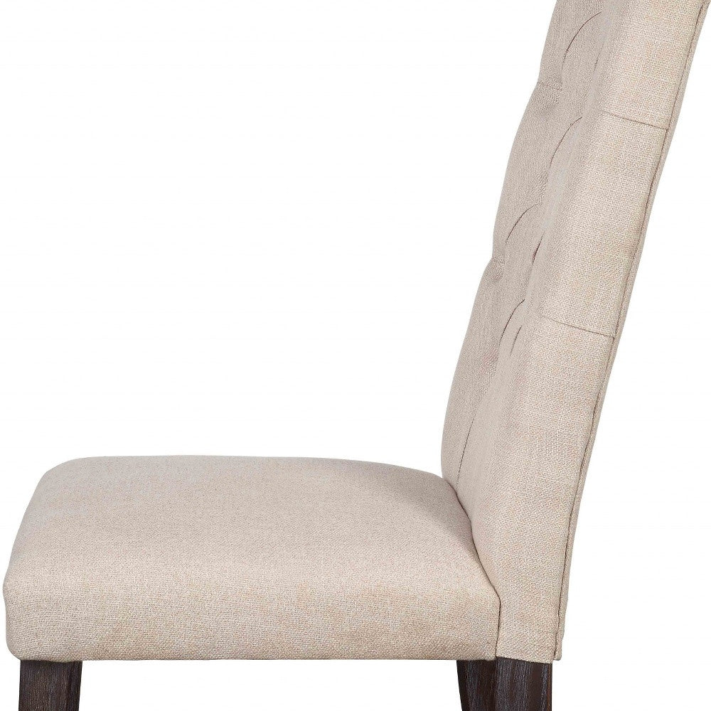Set of Two Tufted Beige and Espresso Upholstered Linen Dining Side Chairs-Dining Chairs-DECOROLALA