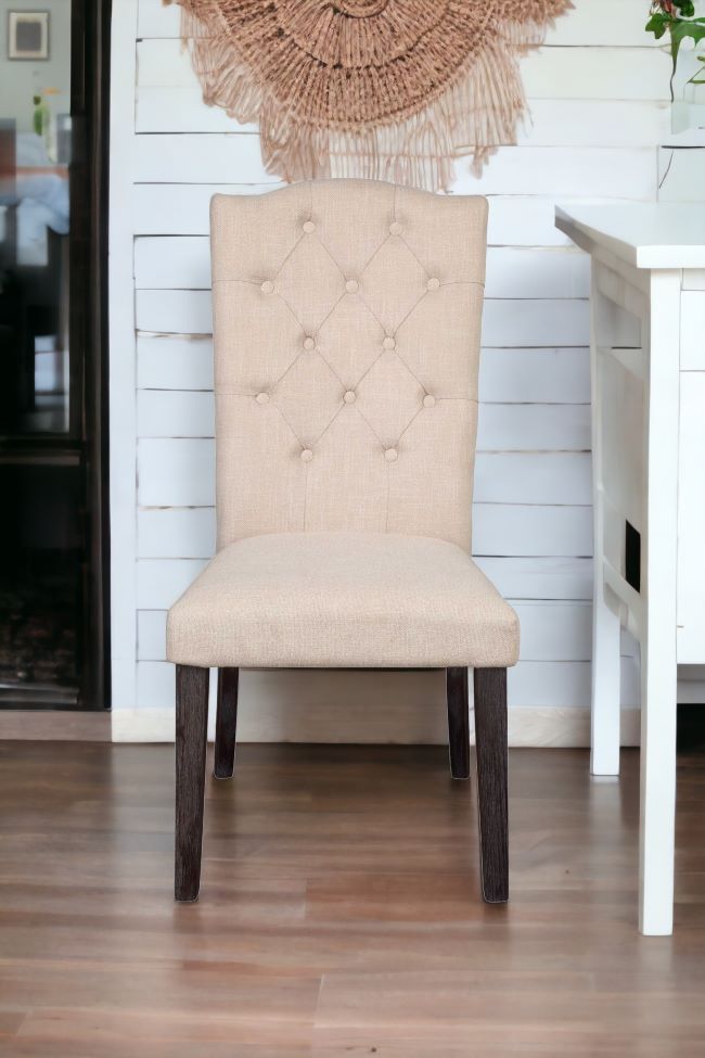 Set of Two Tufted Beige and Espresso Upholstered Linen Dining Side Chairs-Dining Chairs-DECOROLALA