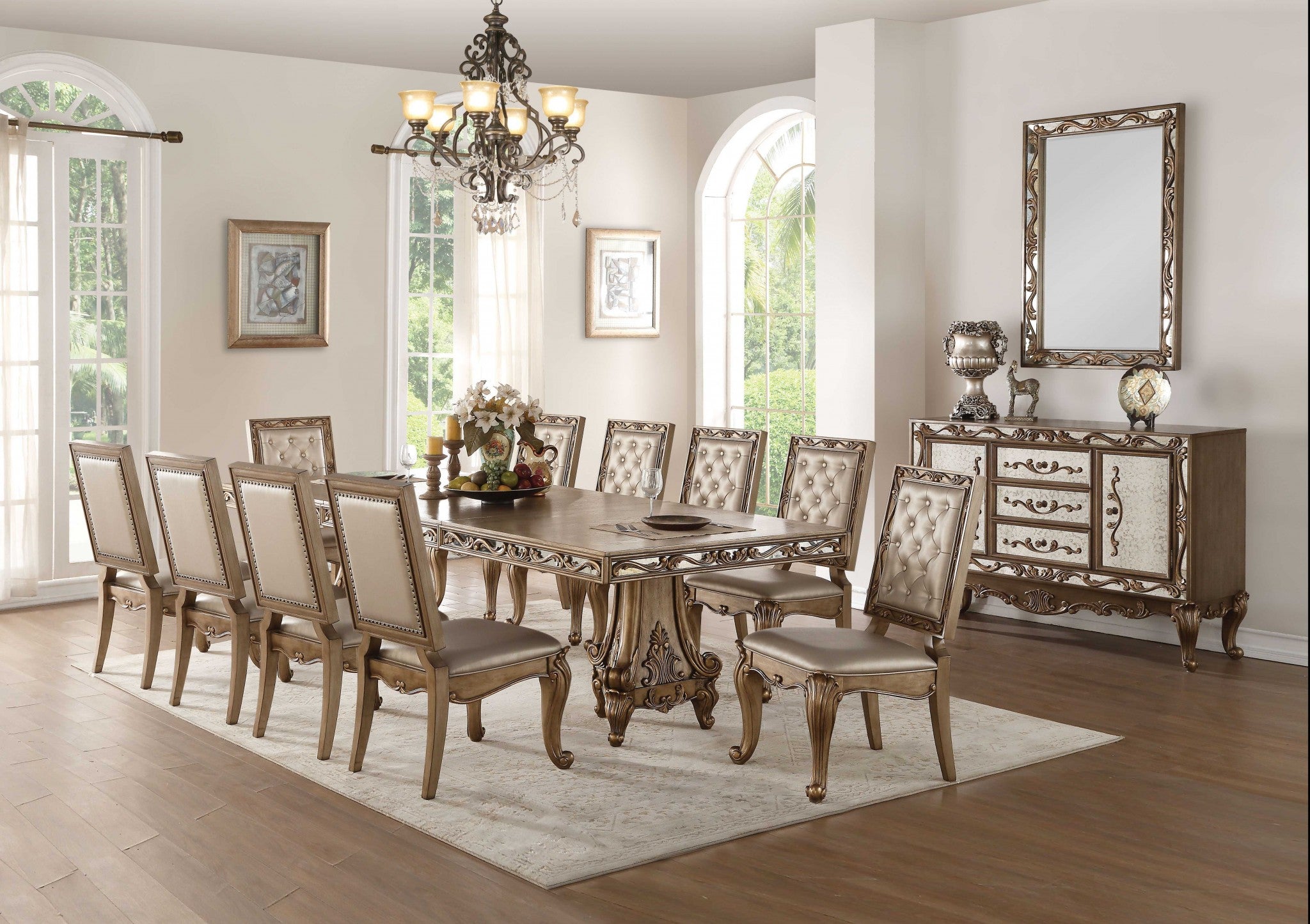 Set of Two Tufted Champagne And Gold Upholstered Faux Leather Dining Side Chairs-Dining Chairs-DECOROLALA