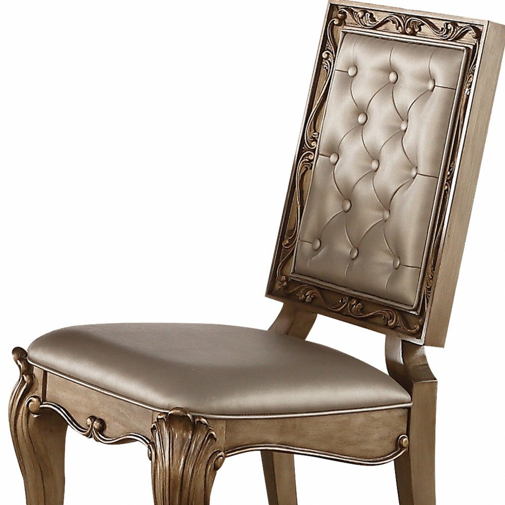 Set of Two Tufted Champagne And Gold Upholstered Faux Leather Dining Side Chairs-Dining Chairs-DECOROLALA