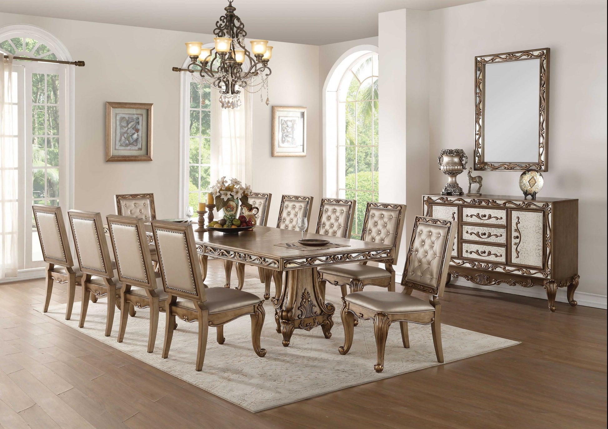 Set of Two Tufted Champagne And Gold Upholstered Faux Leather Dining Side Chairs-Dining Chairs-DECOROLALA