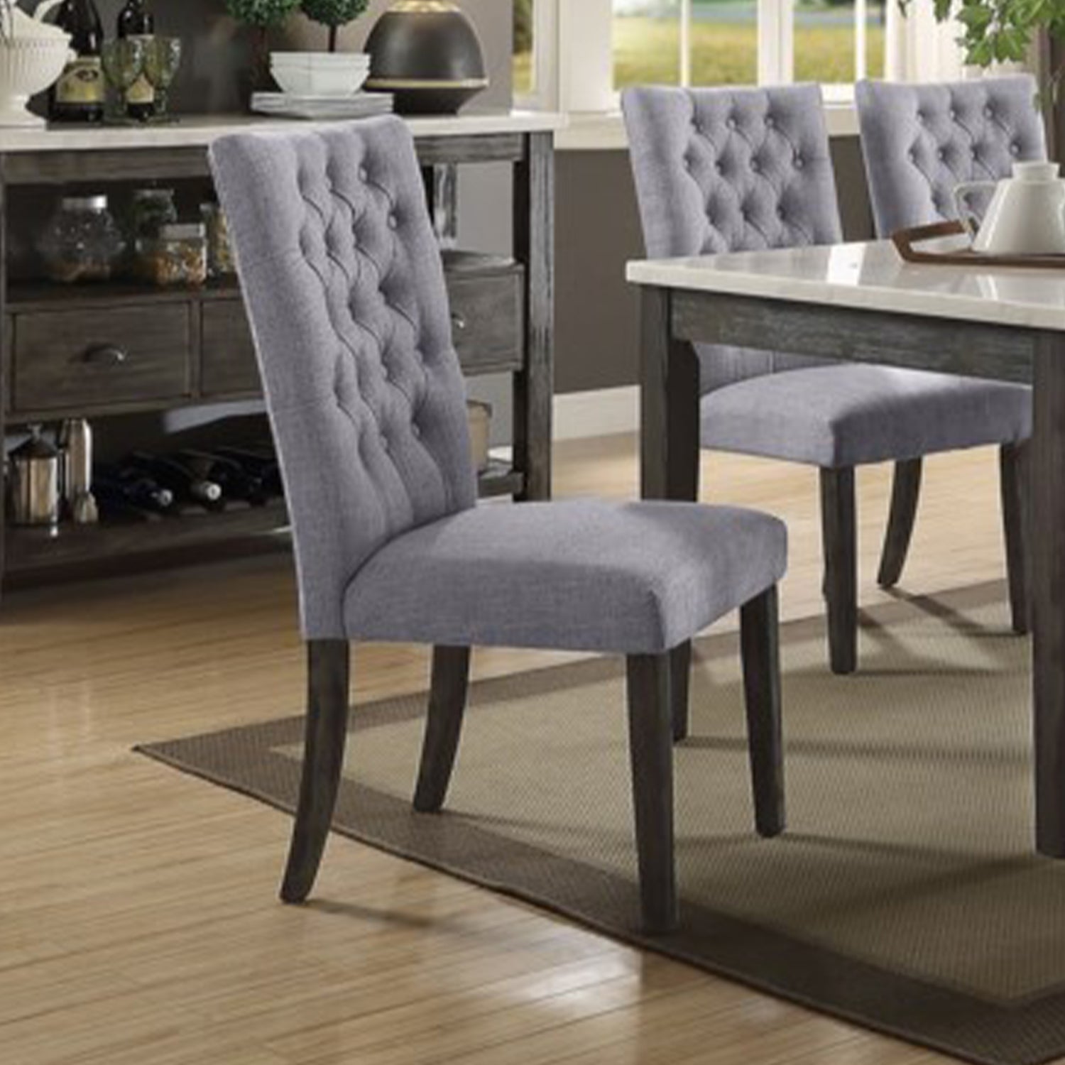Set of Two Tufted Gray Upholstered Fabric Dining Side Chairs-Dining Chairs-DECOROLALA