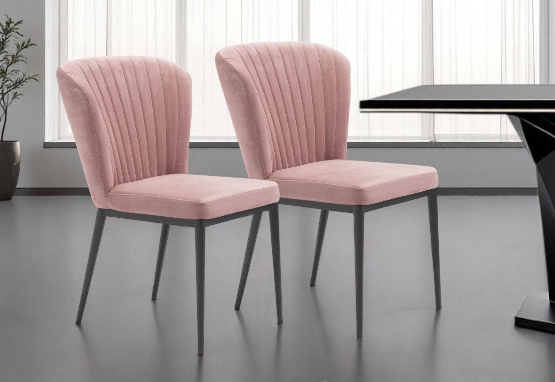 Set of Two Tufted Pink and Black Upholstered Velvet Wing Back Dining Side Chairs-Dining Chairs-DECOROLALA