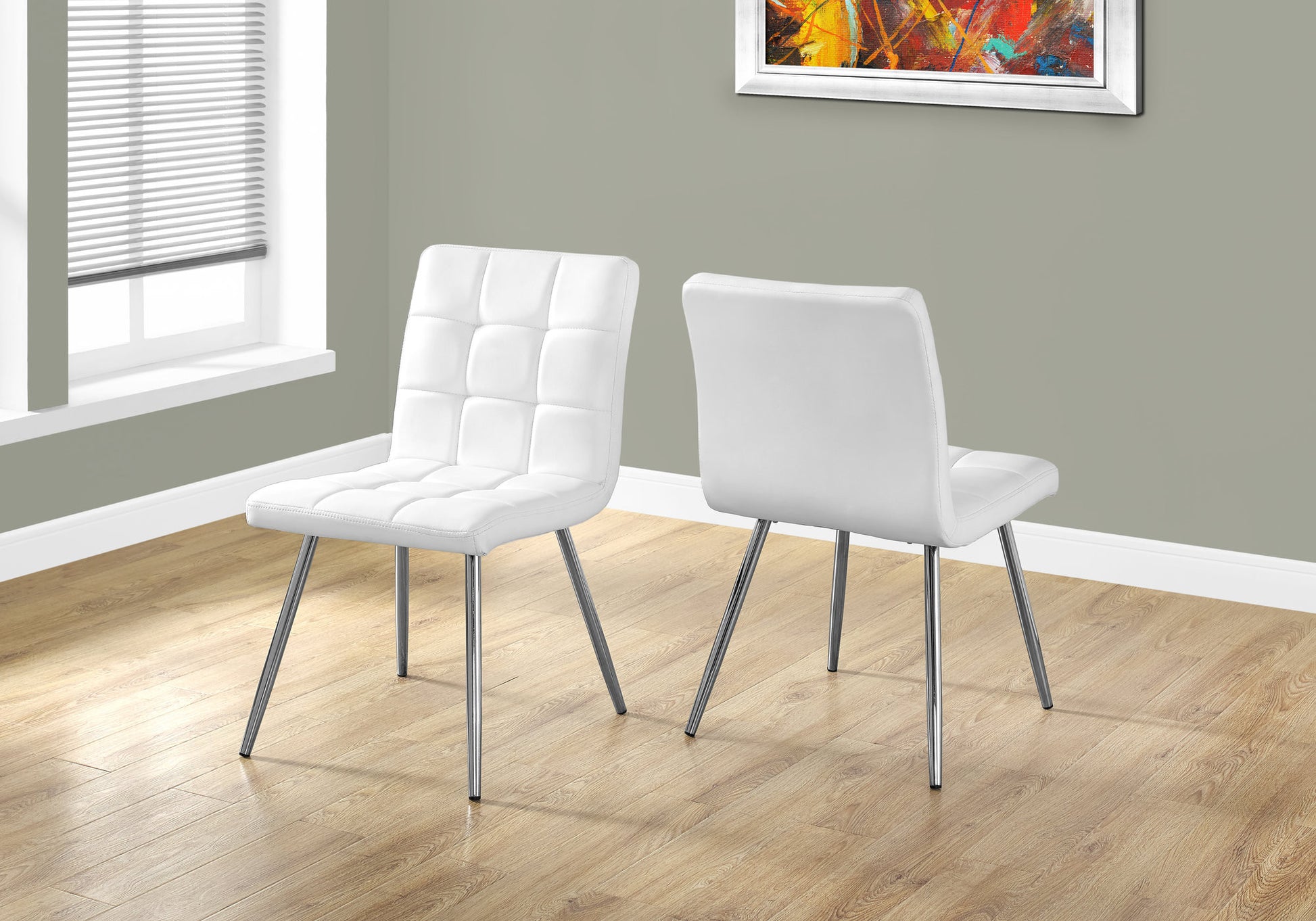 Set of Two Tufted White And Silver Upholstered Faux Leather Dining Side Chairs-Dining Chairs-DECOROLALA