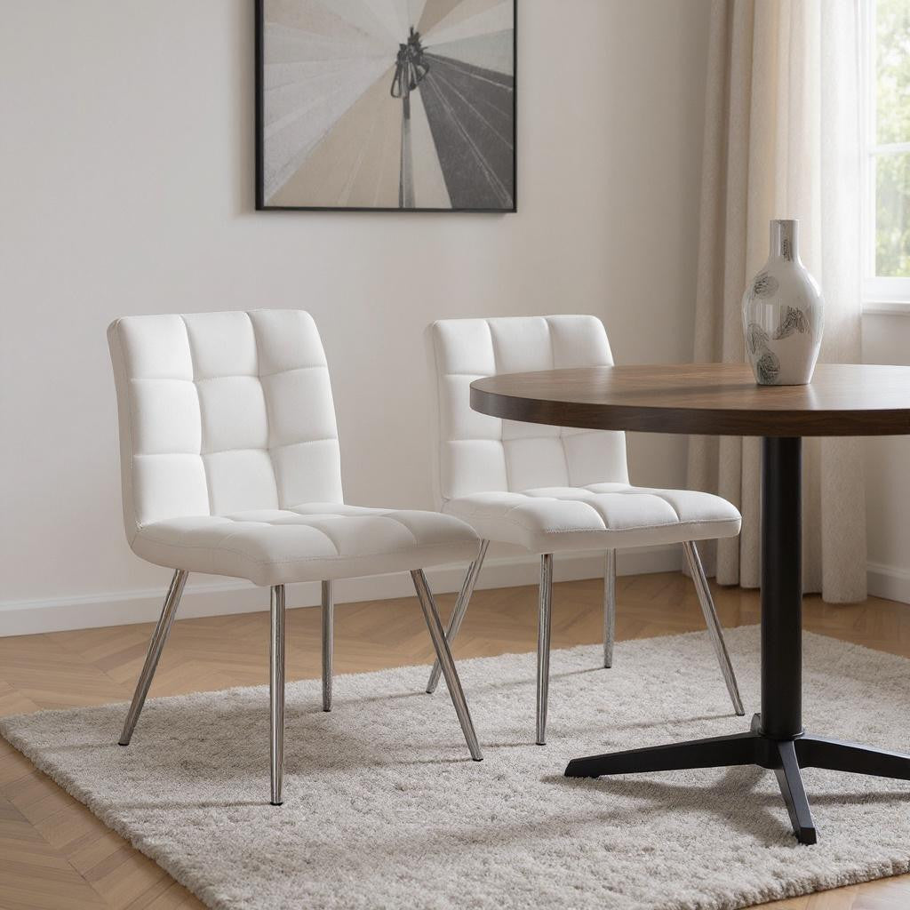 Set of Two Tufted White And Silver Upholstered Faux Leather Dining Side Chairs-Dining Chairs-DECOROLALA