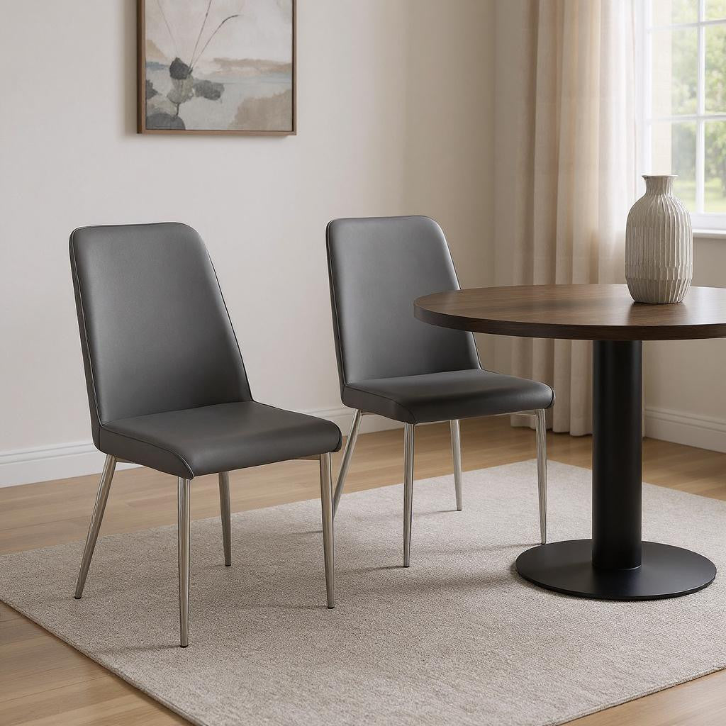 Set of Two White And Silver Upholstered Faux Leather Dining Side Chairs-Dining Chairs-DECOROLALA