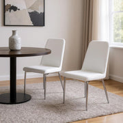 Set of Two White And Silver Upholstered Faux Leather Dining Side Chairs-Dining Chairs-DECOROLALA