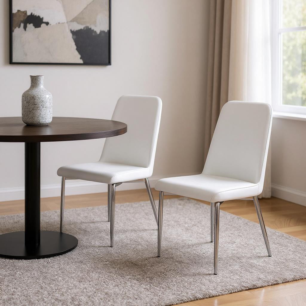 Set of Two White And Silver Upholstered Faux Leather Dining Side Chairs-Dining Chairs-DECOROLALA