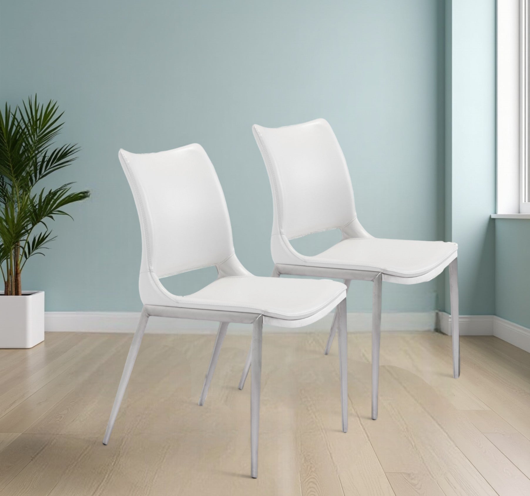 Set of Two White And Silver Upholstered Faux Leather Dining Side Chairs-Dining Chairs-DECOROLALA