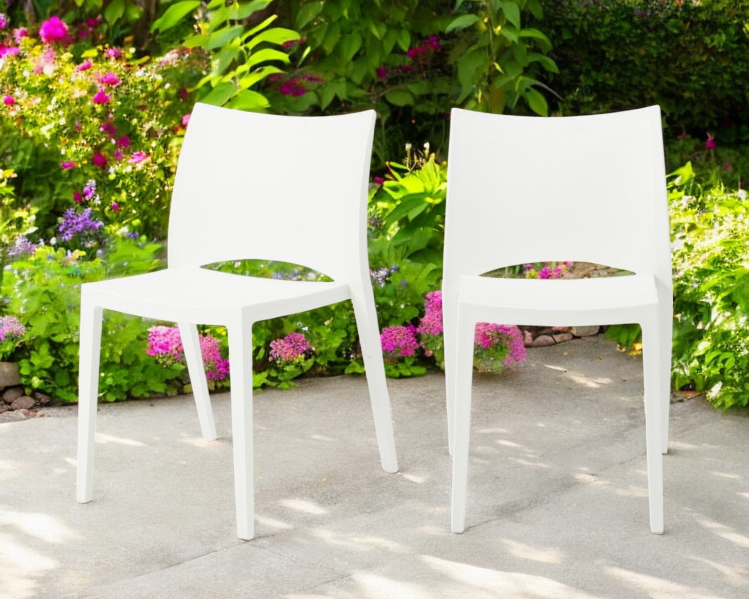 Set of Two White Heavy Duty Plastic Outdoor Stacking Dining Chairs-Outdoor Chairs-DECOROLALA