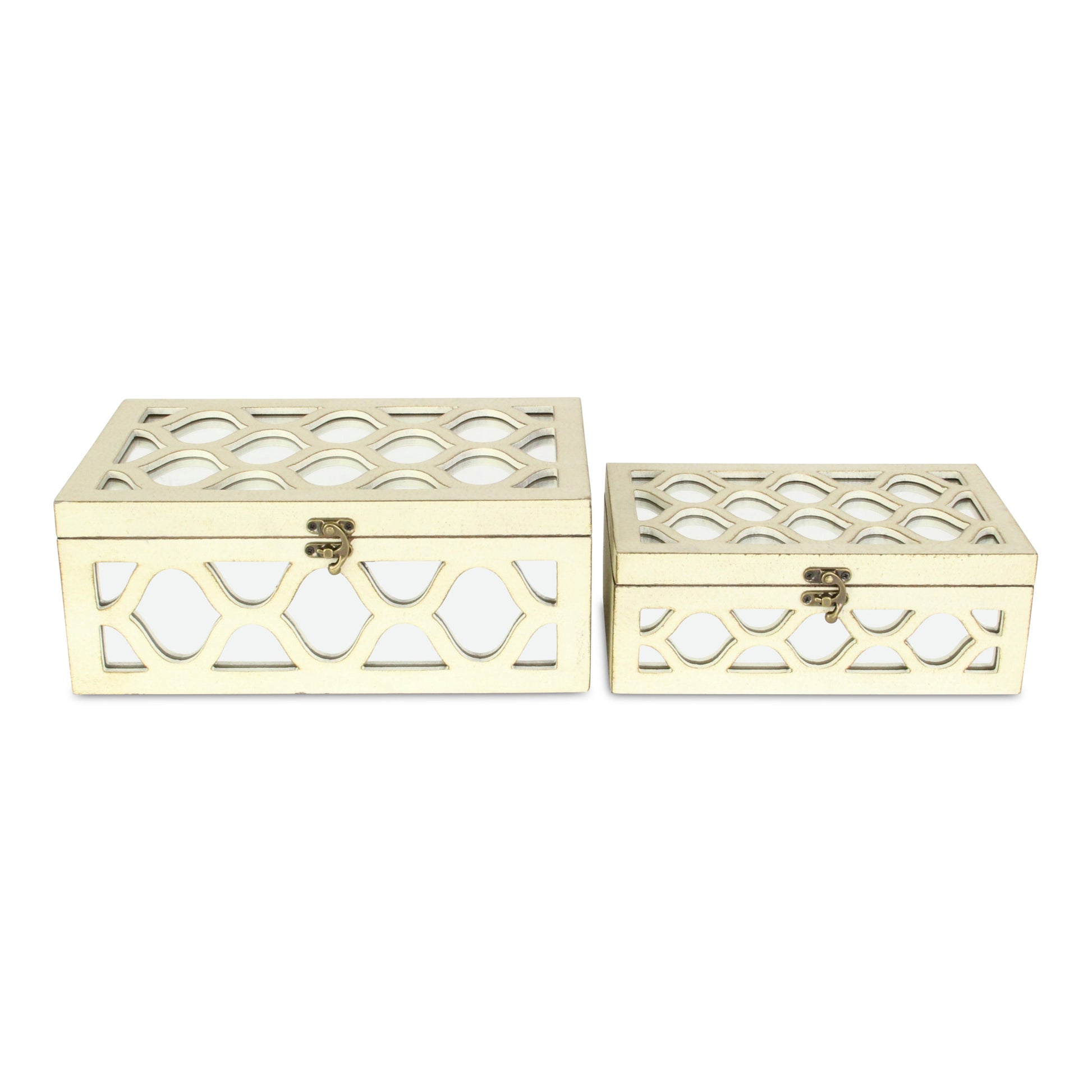 Set of Two White Mirrored Glass And Solid Wood Box With Lid-Organizers-DECOROLALA